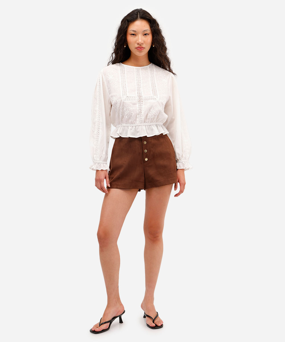 short feminino de suede cintura alta marrom