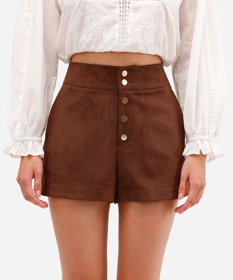short feminino de suede cintura alta marrom