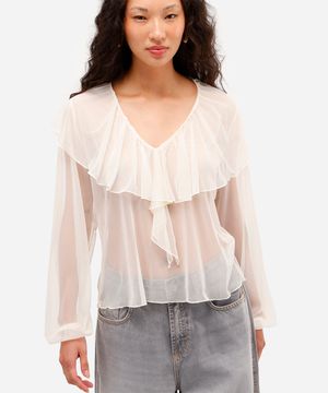 blusa feminina de tule com babados  off white