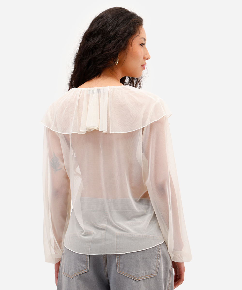blusa feminina de tule com babados  off white