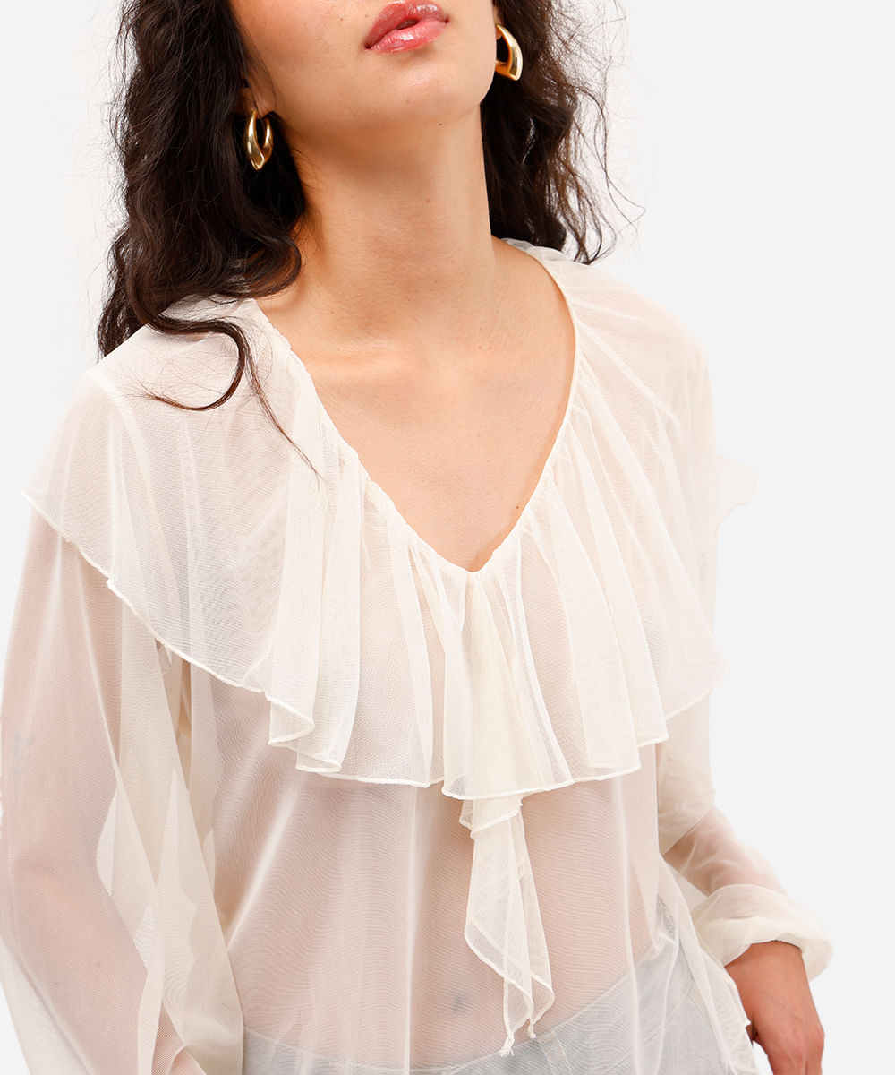 blusa feminina de tule com babados  off white