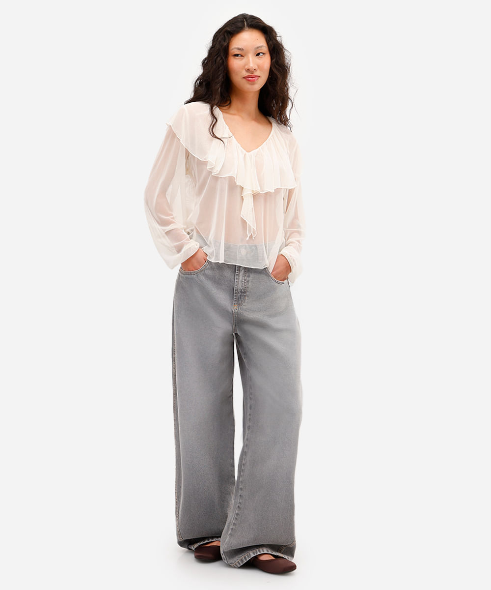 blusa feminina de tule com babados  off white