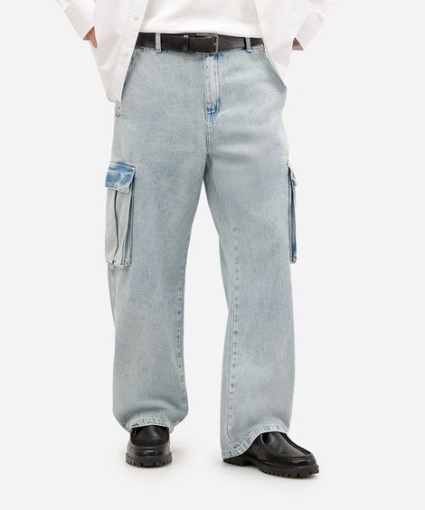 calça wide leg jeans com bolsos cargo azul