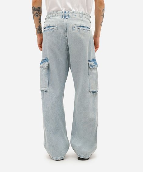 calça wide leg jeans com bolsos cargo azul
