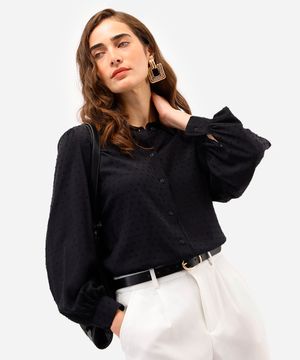 camisa feminina de viscose manga bufante poá preta