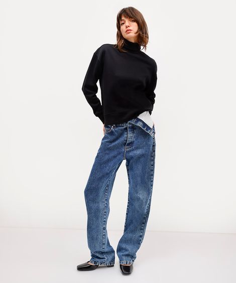 calça reta feminino jeans cós deslocado antonio frajado azul