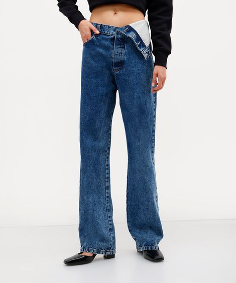 calça reta feminino jeans cós deslocado antonio frajado azul