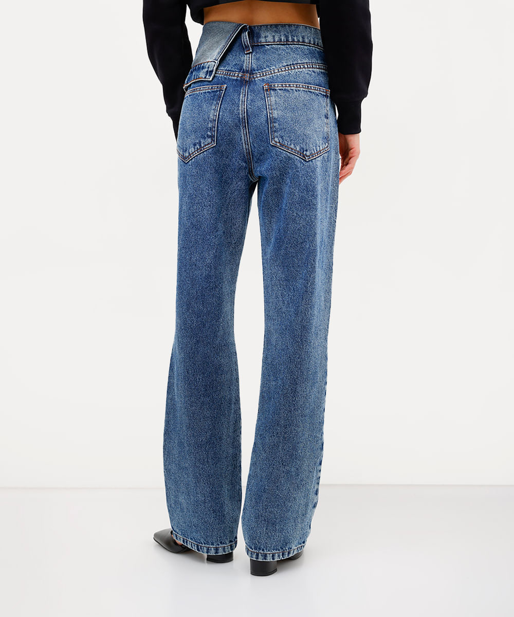 calça reta feminino jeans cós deslocado antonio frajado azul