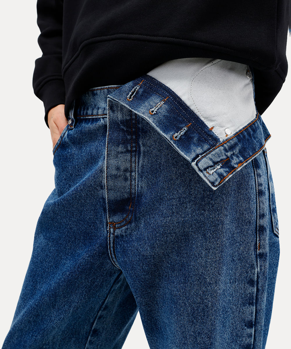 calça reta feminino jeans cós deslocado antonio frajado azul