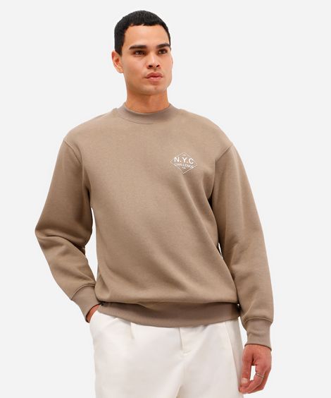 blusão masculino de moletom felpado gola careca nyc marrom