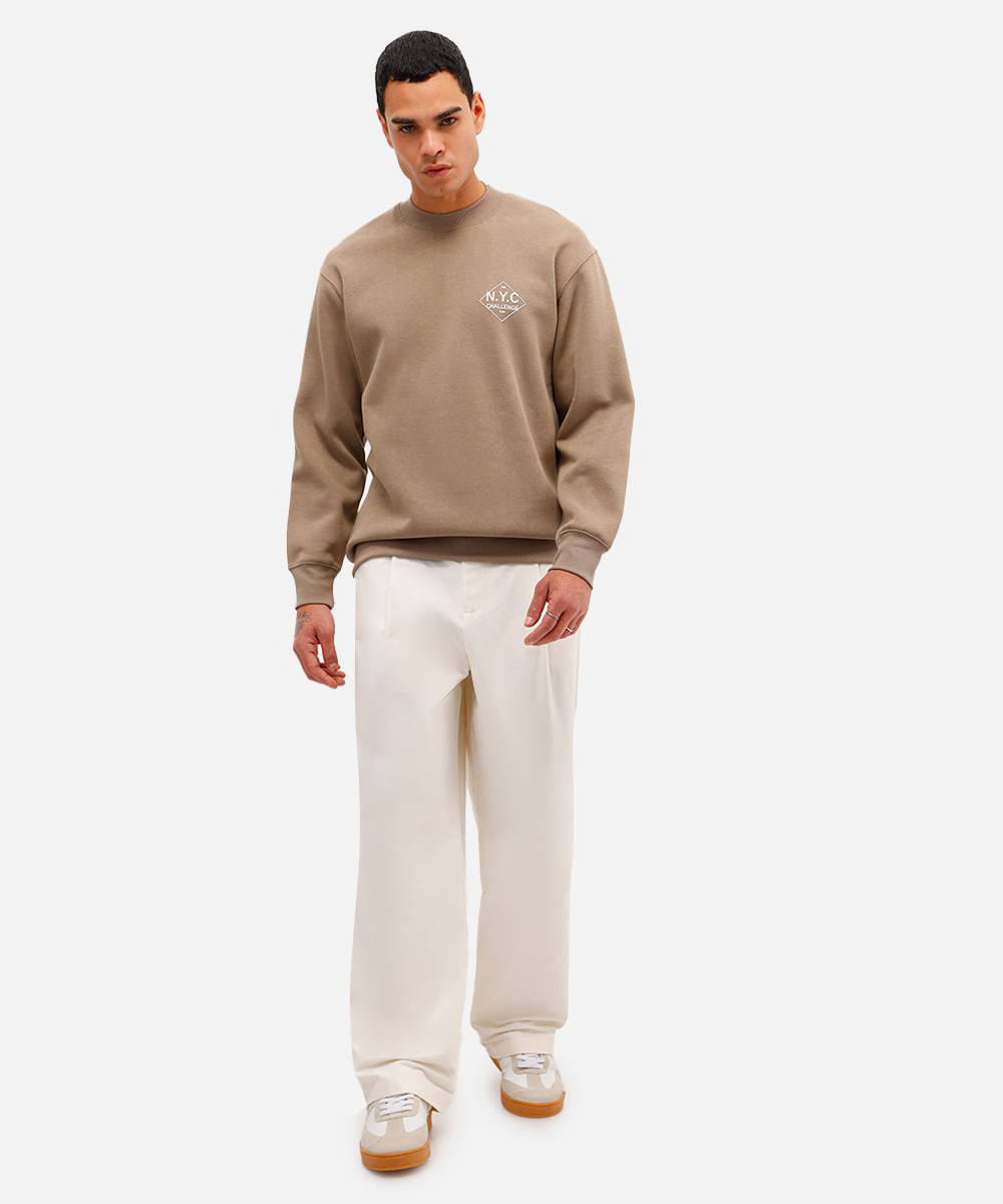 blusão masculino de moletom felpado gola careca nyc marrom