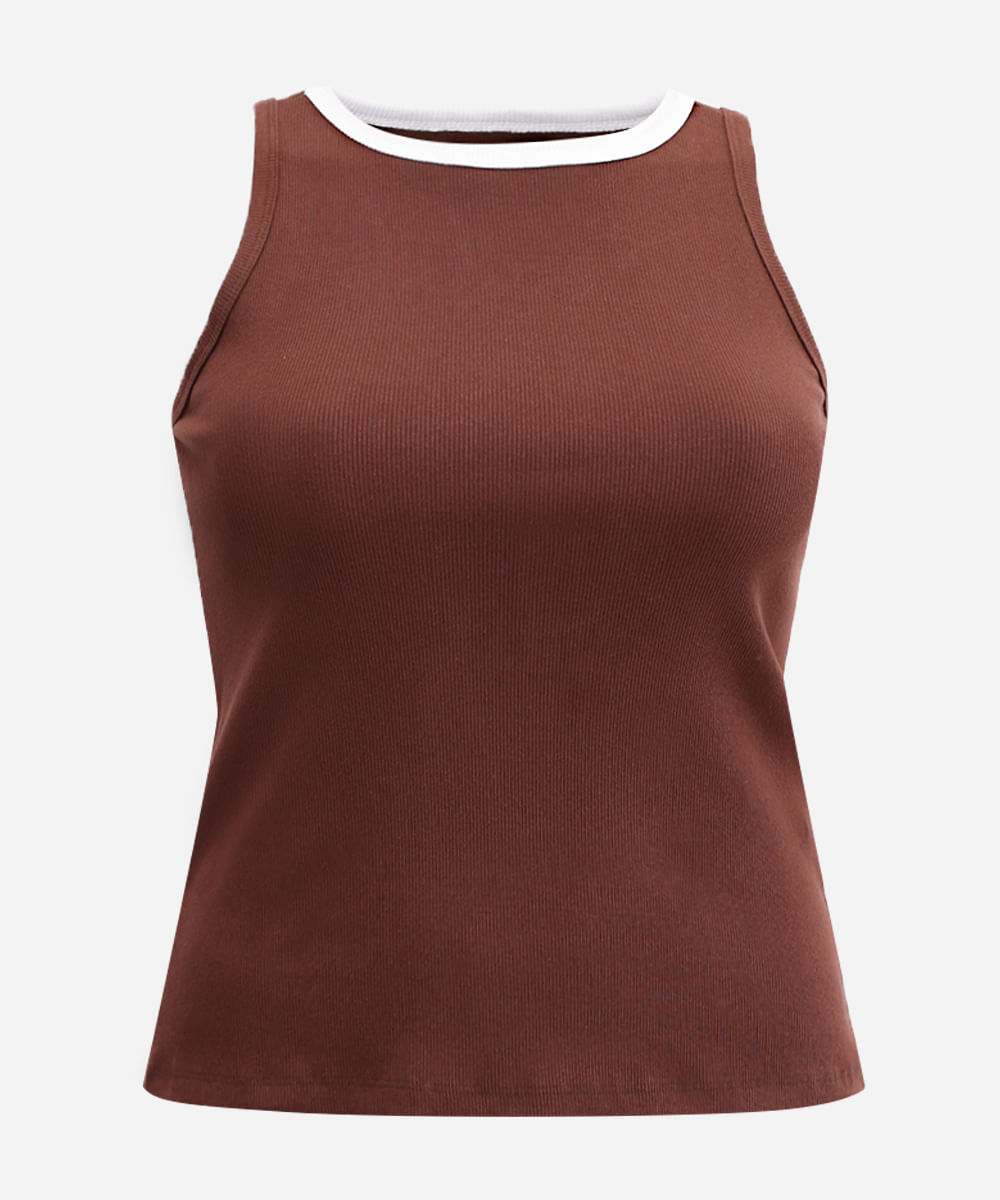 regata plus size de algodão canelada - marrom