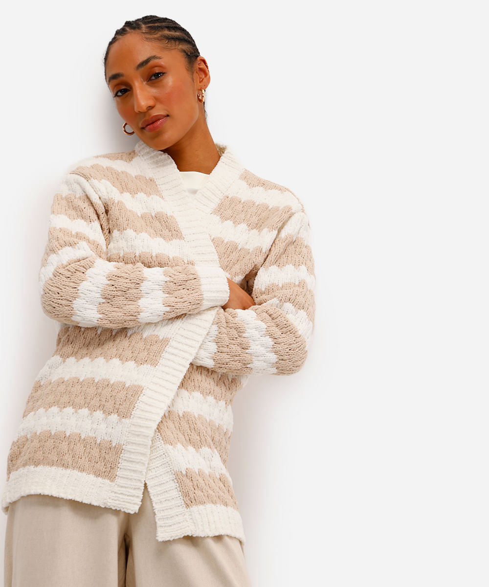cardigan feminino de tricot texturizado listrado - areia