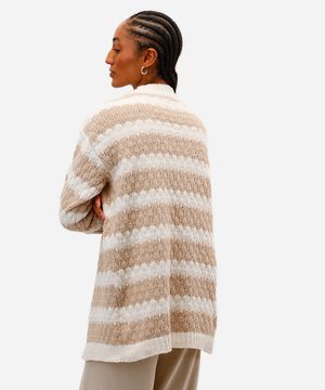 cardigan feminino de tricot texturizado listrado - areia