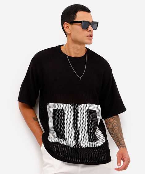 camiseta masculina oversized de tricot manga curta preta