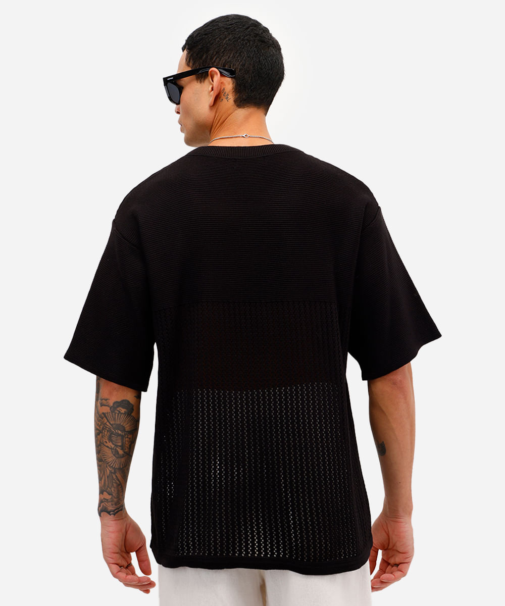 camiseta masculina oversized de tricot manga curta preta