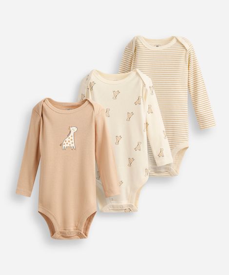 kit de 3 bodies infantis algodão girafa - bege medio