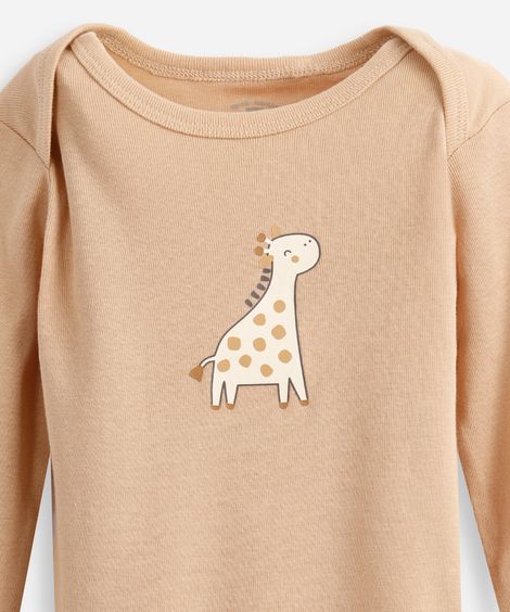kit de 3 bodies infantis algodão girafa - bege medio