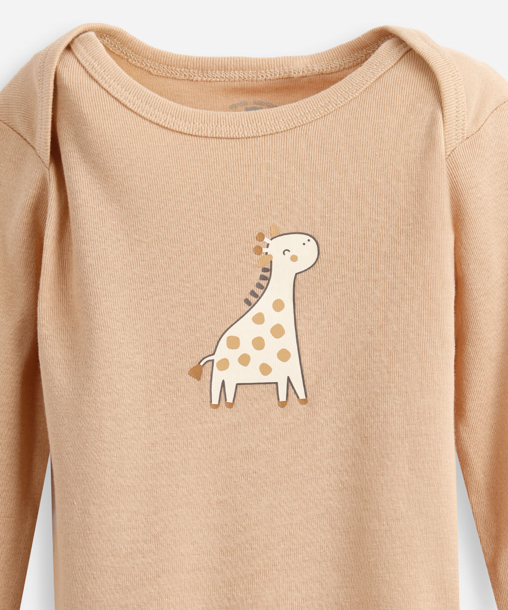 kit de 3 bodies infantis algodão girafa - bege medio