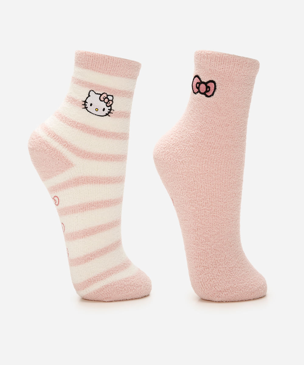 kit de 2 meias infantis de fleece cano longo hello kitty com antiderrapante colorida