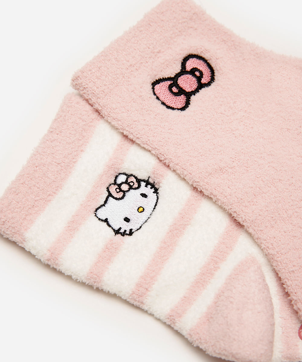kit de 2 meias infantis de fleece cano longo hello kitty com antiderrapante colorida