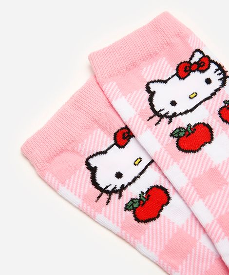 meia feminina cano longo hello kitty xadrez rosa