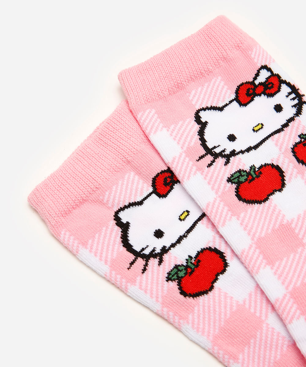meia feminina cano longo hello kitty xadrez rosa
