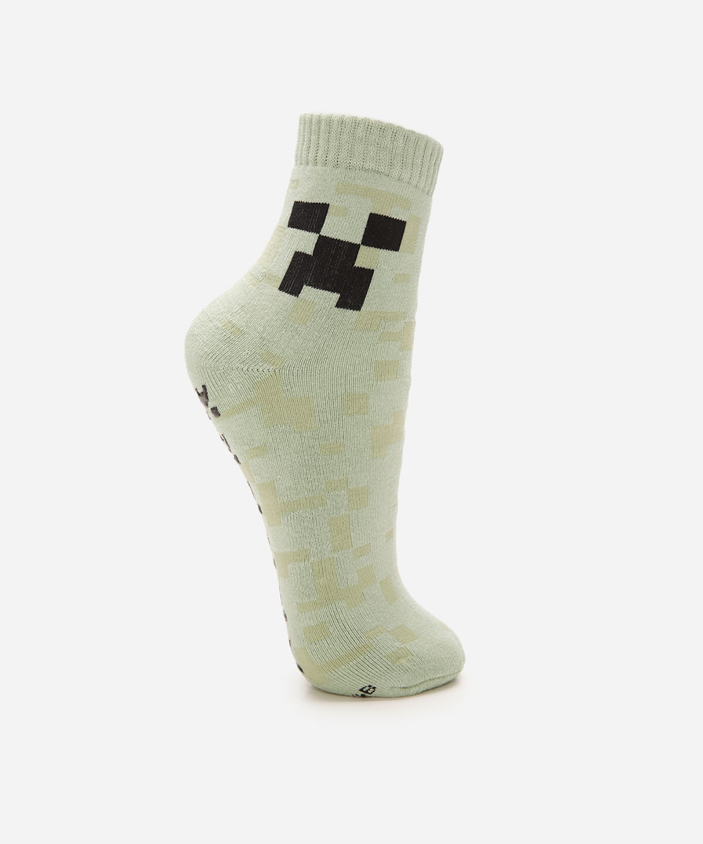 meia infantil cano médio minecraft com antiderrapante verde