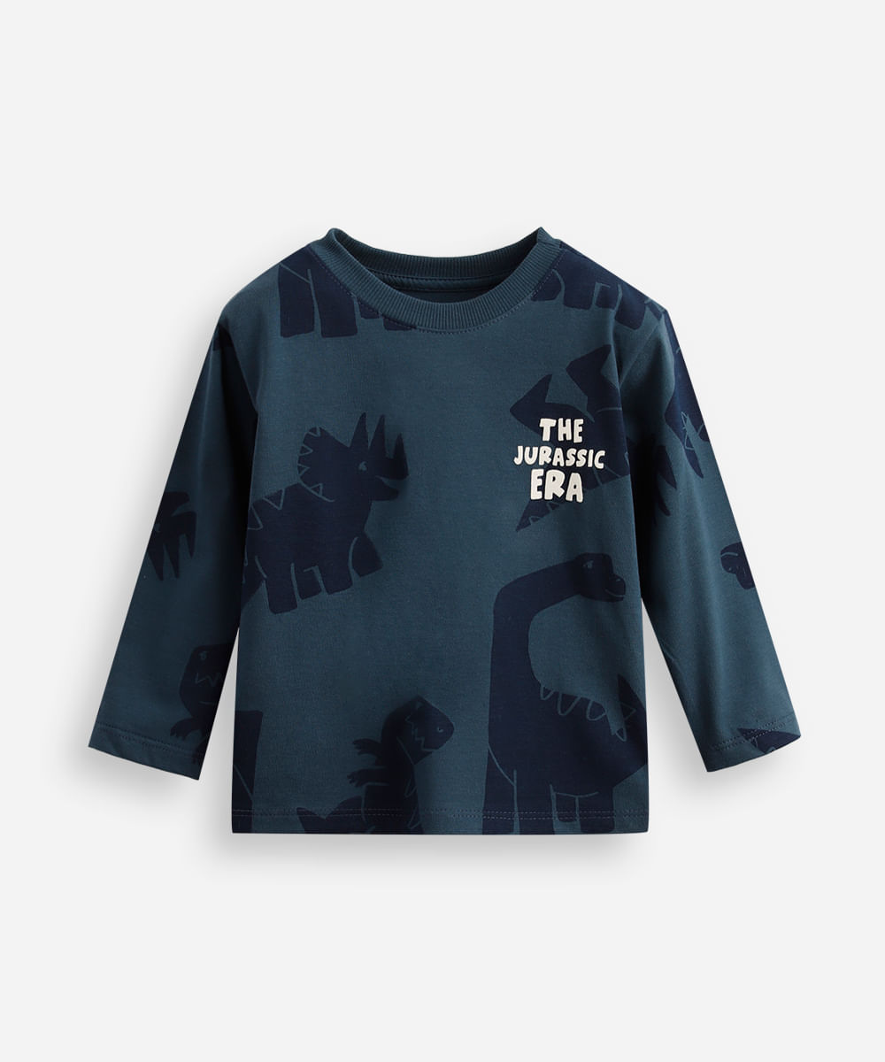 camiseta infantil de algodão jurassic manga longa azul