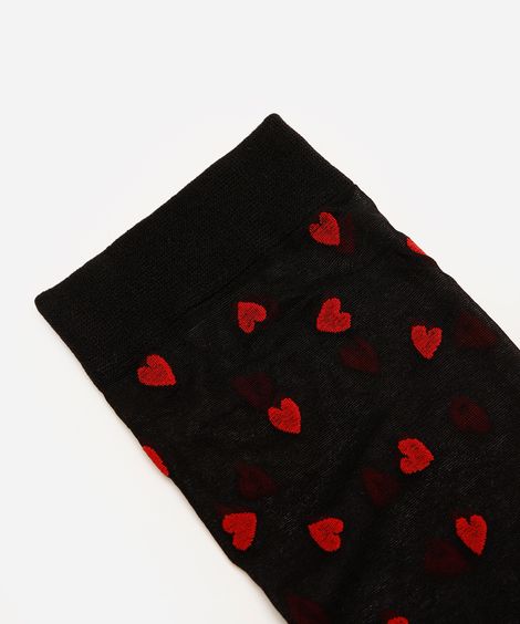 meia fina fio 15 cano médio corações feminina preto