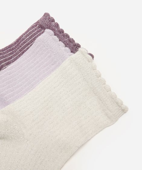 kit de 3 pares de meias femininas cano médio lurex colorido