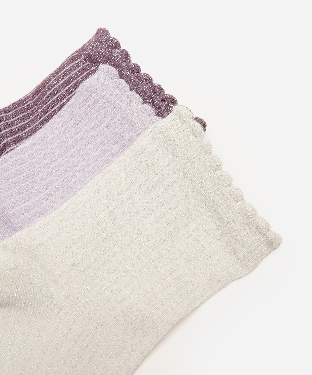 kit de 3 pares de meias femininas cano médio lurex colorido