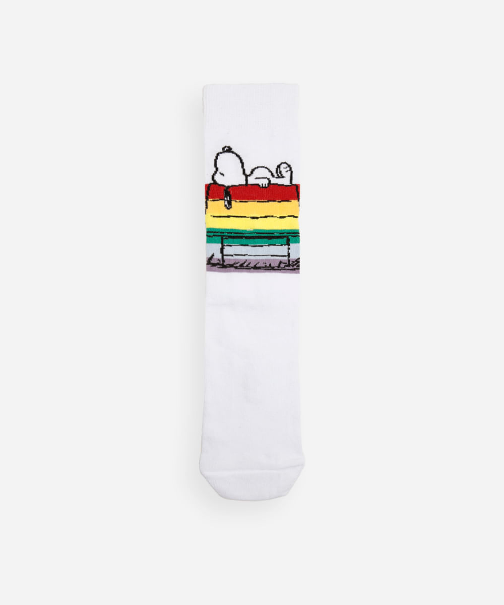 meia masculina cano alto snoopy peanuts branca