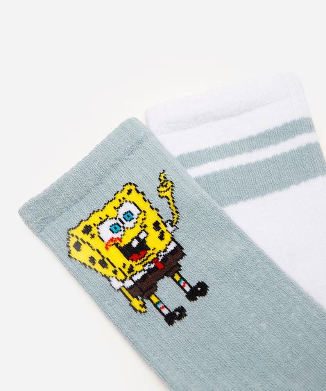kit de 2 meias infantis cano alto bob esponja colorida