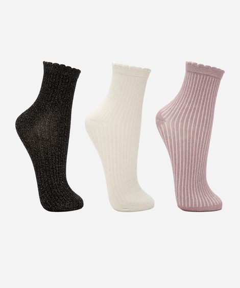 kit de 3 pares de meias femininas cano médio lurex colorido