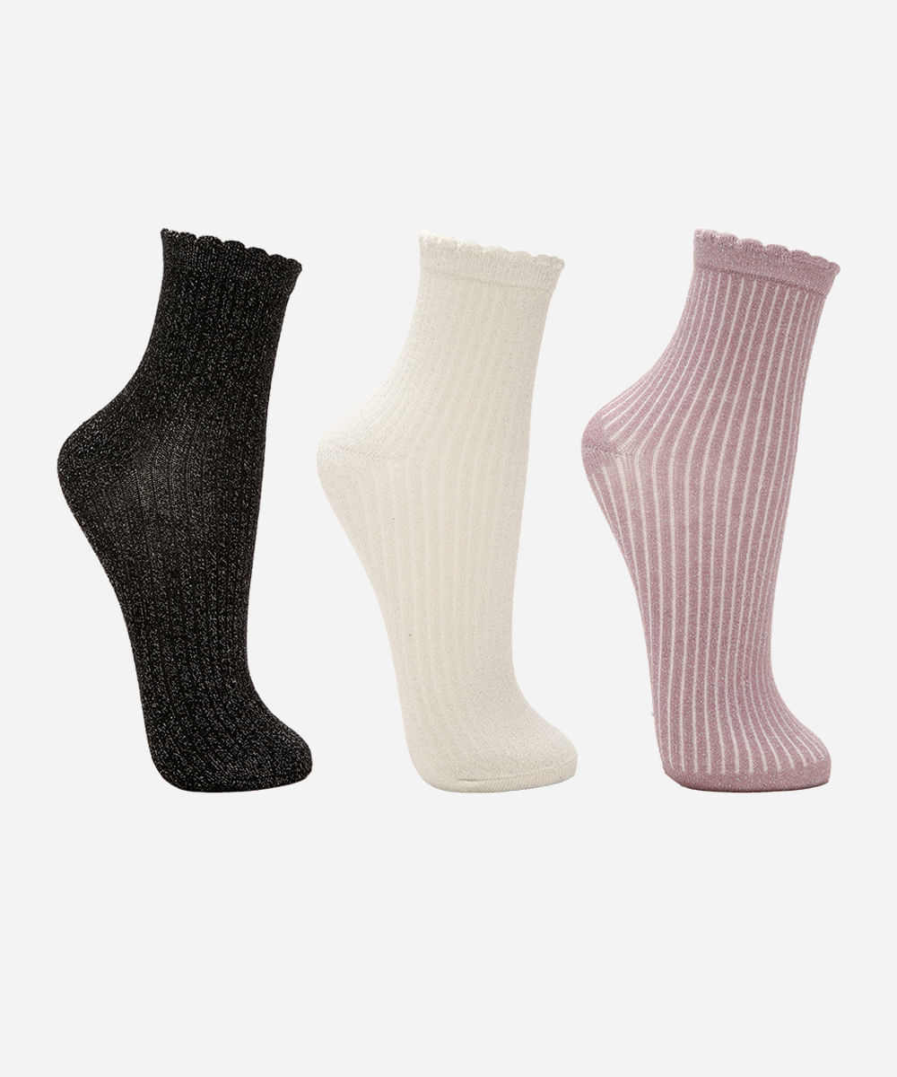 kit de 3 pares de meias femininas cano médio lurex colorido