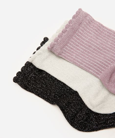 kit de 3 pares de meias femininas cano médio lurex colorido