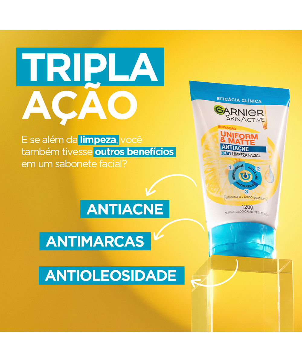 sabonete facial garnier 3 em 1 uniform & matte antiacne 120g