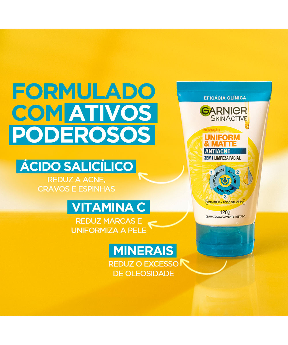 sabonete facial garnier 3 em 1 uniform & matte antiacne 120g