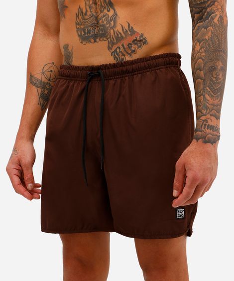 short masculino cós elástico bolso com zíper marrom