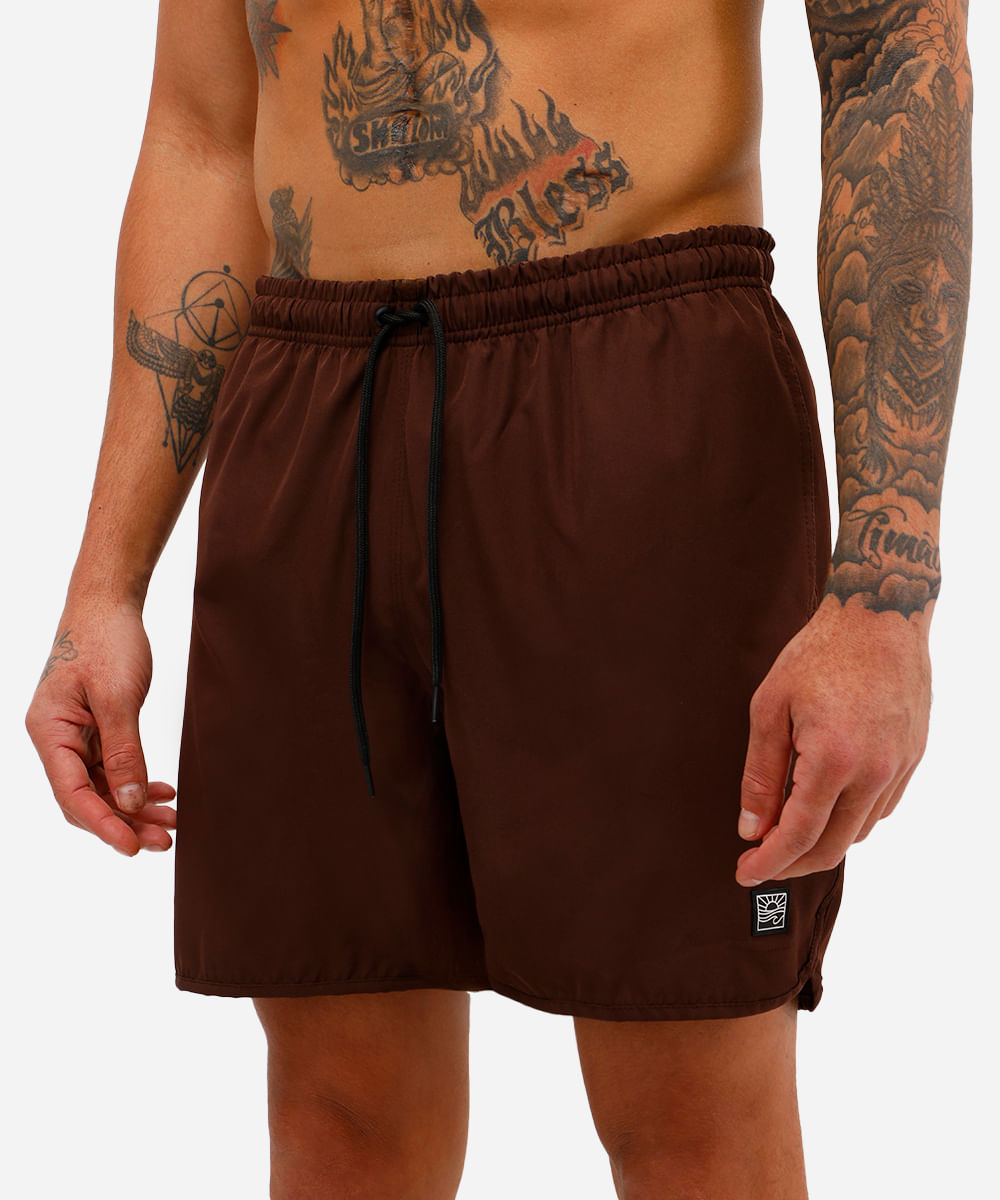 short masculino cós elástico bolso com zíper marrom