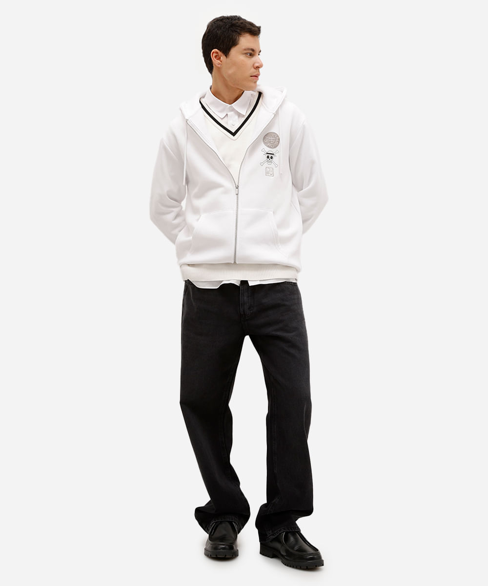 blusão masculino de moletom felpado com capuz one piece off white