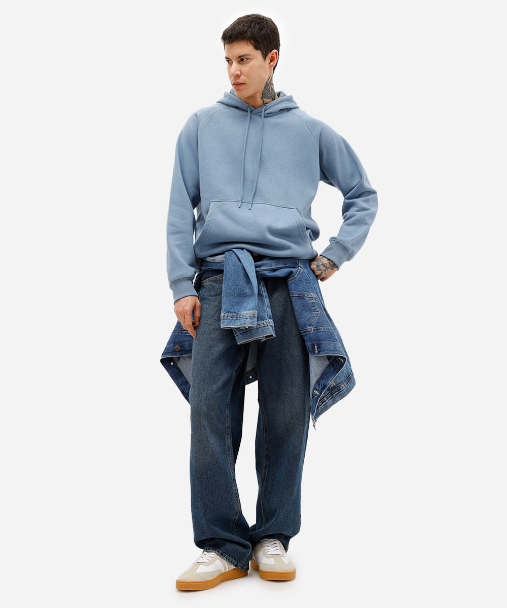 blusão básico masculino de moletom com capuz azul