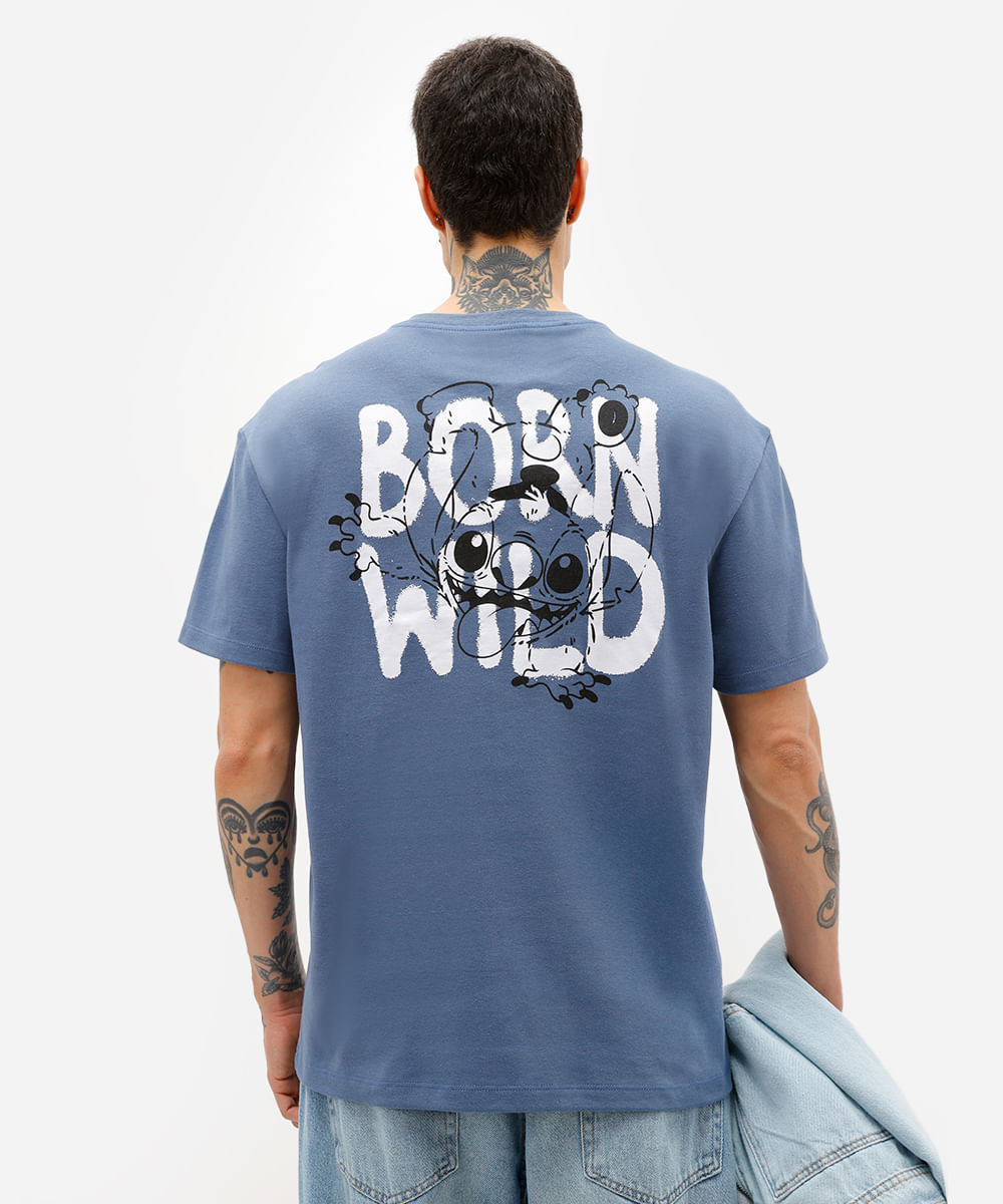 camiseta masculina stitch born wild azul