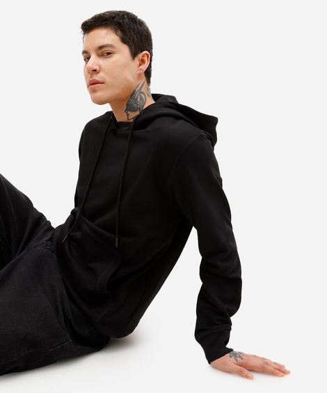 blusão masculino de moletom sem felpa com capuz preto
