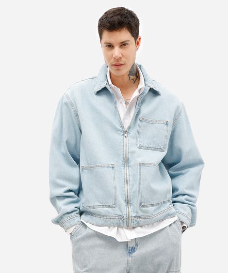 jaqueta masculina jeans com bolsos azul