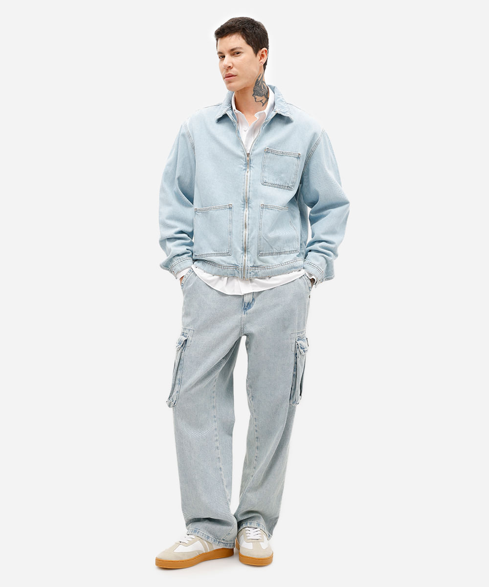 jaqueta masculina jeans com bolsos azul