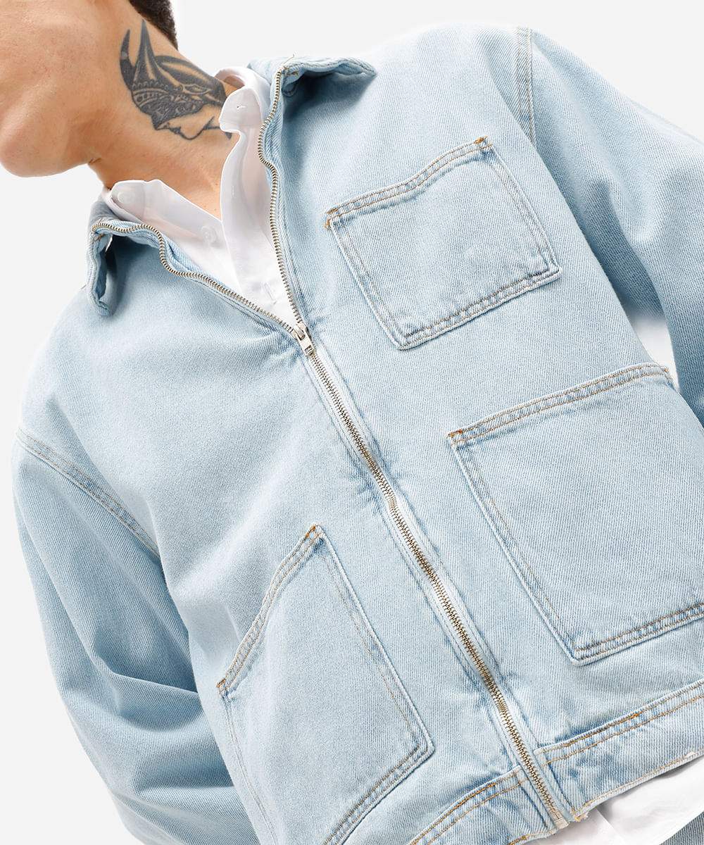 jaqueta masculina jeans com bolsos azul