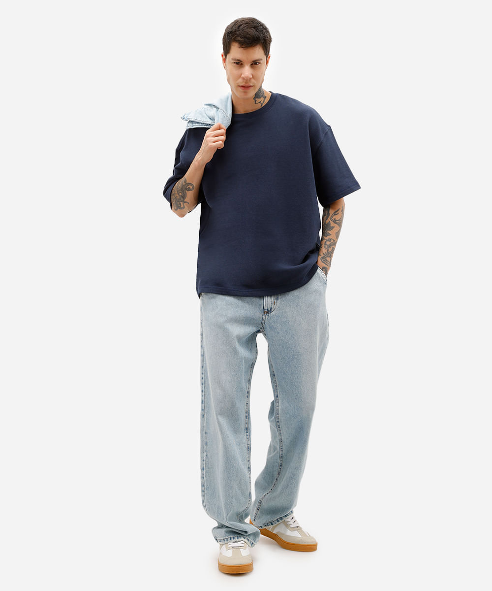 camiseta oversized masculina de moletom sem felpa azul