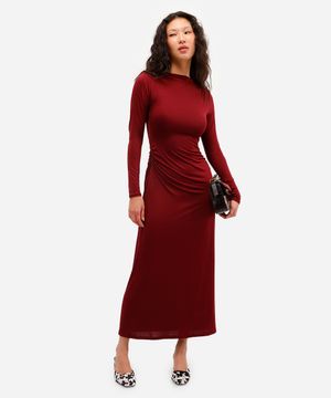 vestido longo feminino manga longa franzido  vinho